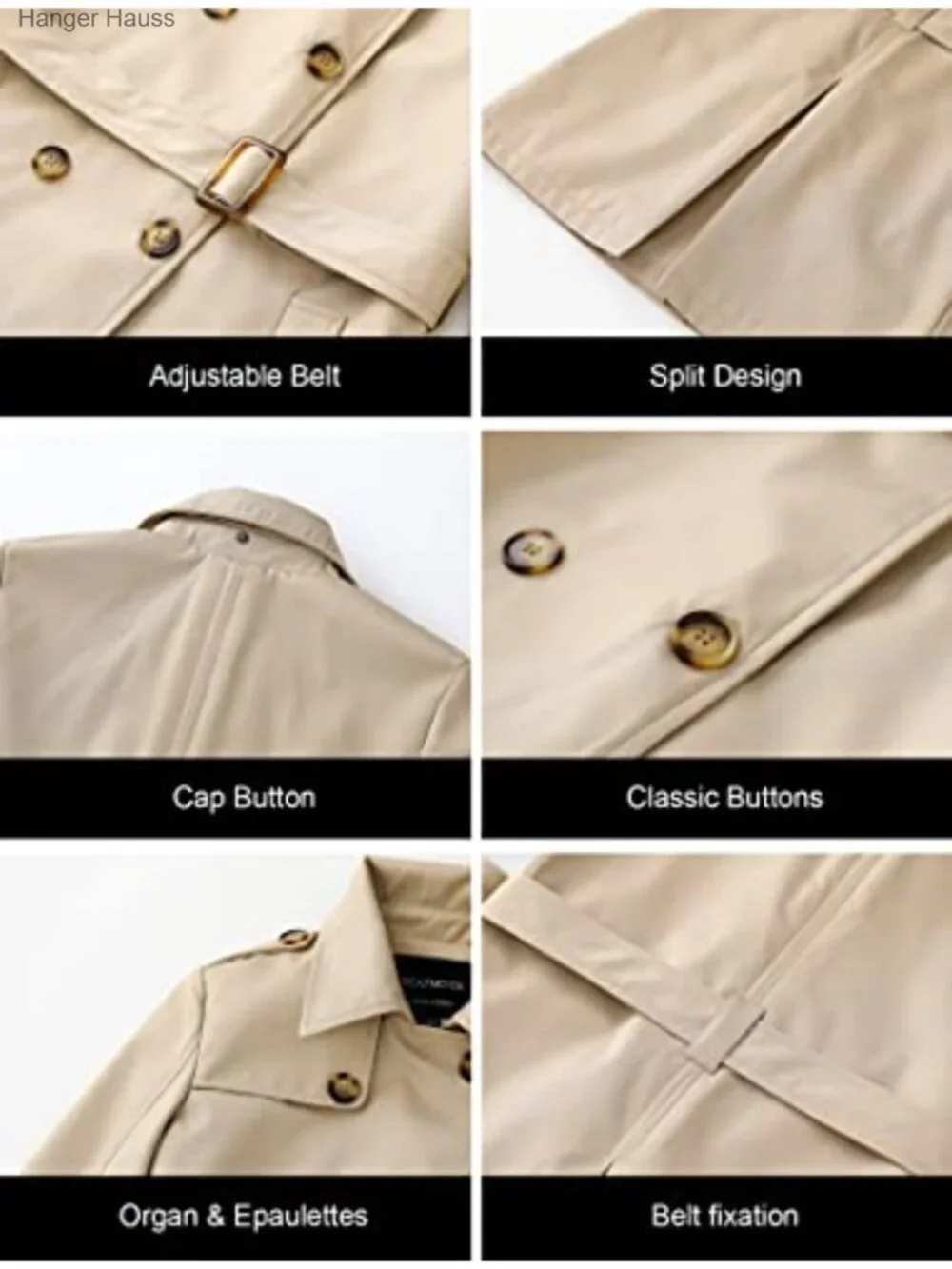 Double-Breasted Trench Coat Detachable Hood Belted Water-Resistant Windproof